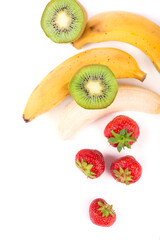 organic food, healthy food, kiwi, strawberry and bananakiwi, strawberry and banana on a white background
