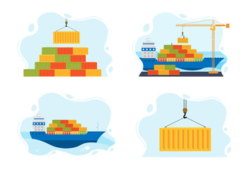 Set of illustrations sea freight transport. worldwide cargo delivery by water.