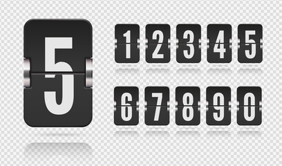 Set of flip scoreboard numbers floating with reflections for black countdown timer or calendar on transparent background. Vector template for your design.