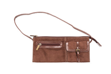 Female suede clutch bag isolated on the white background. Top view.