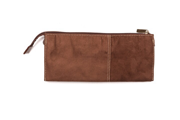 Female suede clutch bag isolated on the white background. Top view.
