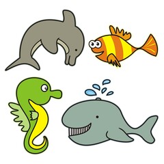 marine life,  color vector illustration, four animals