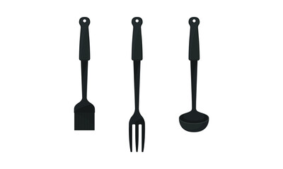 Black Kitchen Utensil with Ladle and Serving Fork Vector Set