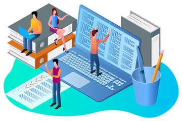 Office management.Coworking and staff monitoring.people on the background of a computer are engaged in office work.Isometric vector illustration.
