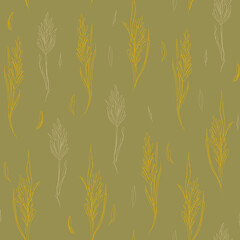 floral seamless pattern. Black and white background with wildflowers and herbs. Hand drawing pencil, outline, sketch