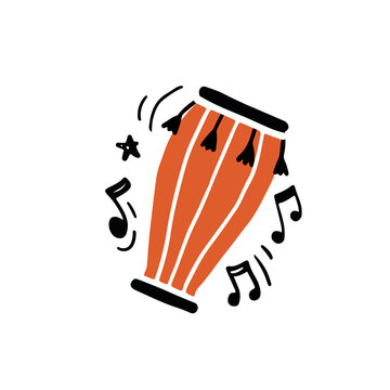 Minimalist vector illustration of traditional African percussion instrument called bongo drum hand drawn in flat style and surrounded with black notes playing rhythmic authentic music
