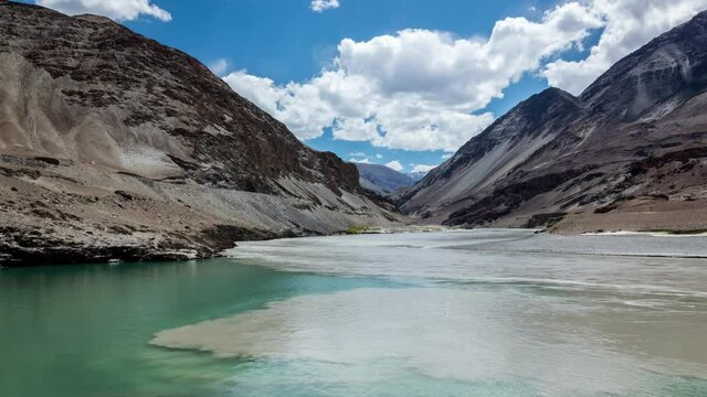 Time Lapse of Confluence of Zanskar and Indus Rivers & Cloud Passing over Himalaya Mountains at Sangam, Leh City, Ladakh, India