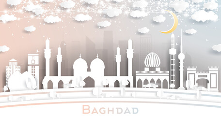 Baghdad Iraq City Skyline in Paper Cut Style with Snowflakes, Moon and Neon Garland.