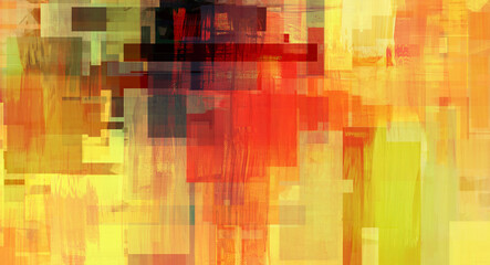Mixed media contemporary painting, oil on canvas and computer graphic. Yellow digital art background illustration. Surreal artwork in geometric style and dark accents
