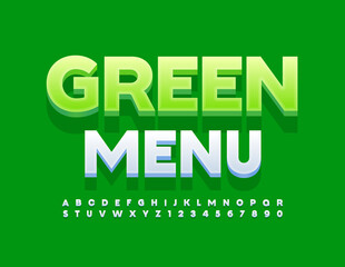 Vector colorful Sign Green Menu. White 3D Font. Artistic Alphabet Letters and Numbers
