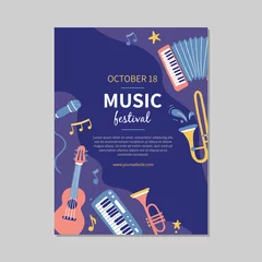 Rolgordijnen Hand drawn music festival banners template with musical instrument. Doodle sketch style. Vector illustration forsic festival flyer, brochure background © Polina Tomtosova