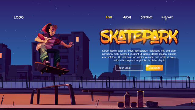 Skatepark cartoon landing page with teenager in night skate park rollerdrome perform skateboard jumping stunt. Extreme sport, graffiti, youth urban culture and teen street activity vector web banner