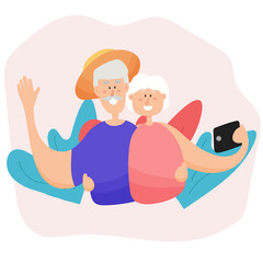 An elderly couple takes a selfie while traveling. Active grandparents travel together.