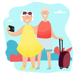 An elderly couple takes a selfie while traveling. Active grandparents travel together.