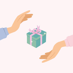 hand holding surprise gift box with cute color.
