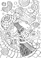 Woman in universe with planets, meditation adult coloring book page