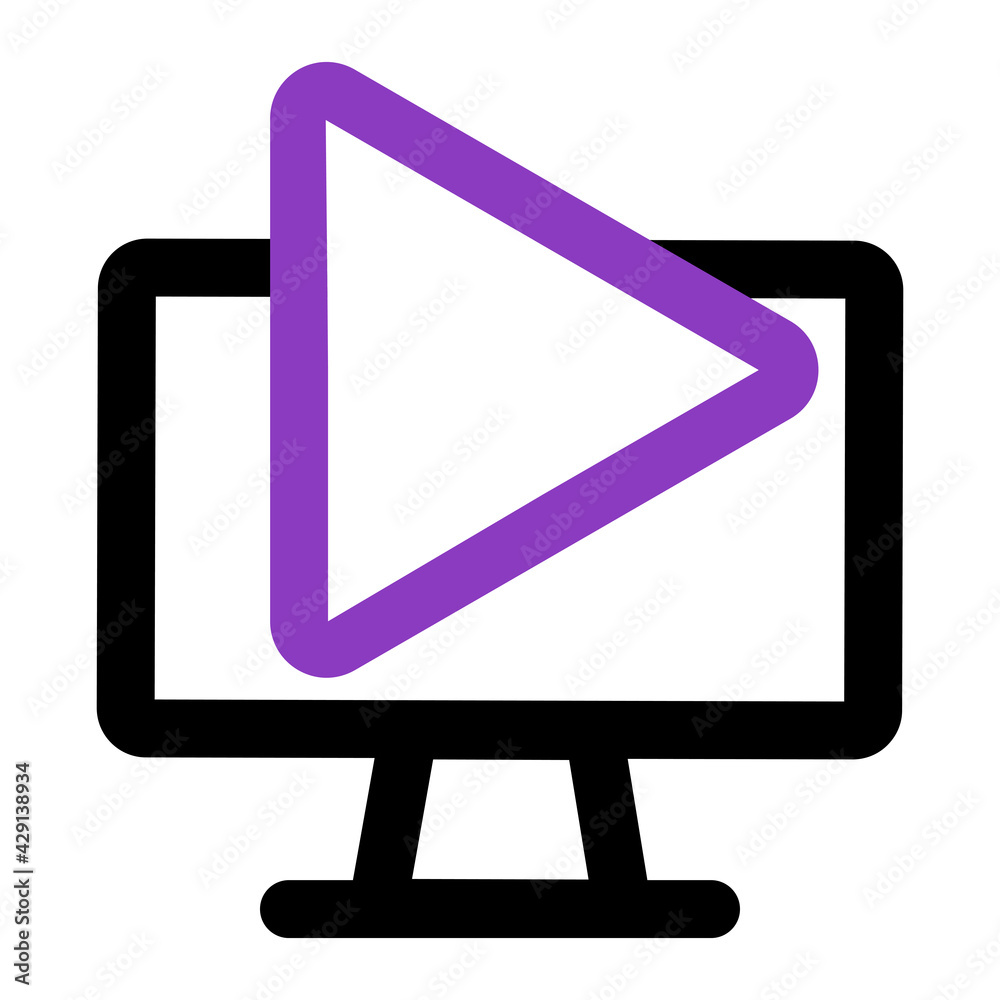 Poster computer icon. computer with play. outline vector icon. can use for, icon design element,ui, web, mo