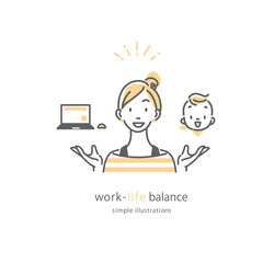 ワークライフバランス　育児　女性　シンプルでお洒落な線画イラスト
