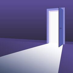 Open Door with light beams going inside dark room. Symbol of new way, exit, discovery, new opportunities. Business motivation concept. Vector illustration