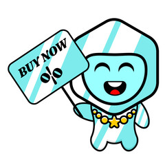 cartoon illustration of an ice cube mascot character with a carry now buy board, perfect for advertising or promotion