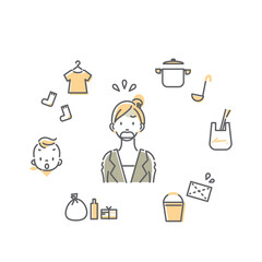 仕事と家事育児の両立で疲労する女性　シンプルでお洒落な線画イラスト © fumi