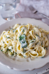 tagliatelle pasta with a creamy wild garlic sauce