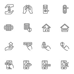 Smart home security system line icons set