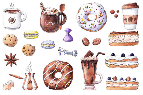 Watercolor set with coffee, donuts and eclairs