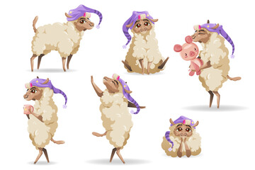 Cute sheep character in sleeping hat in different poses isolated on white background. Vector set of cartoon funny lamb in night cap smile, dance, hold cup and toy. Creative emoji set, animal mascot