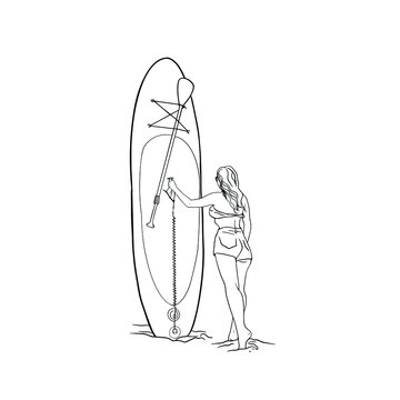 woman with paddleboard, black line art