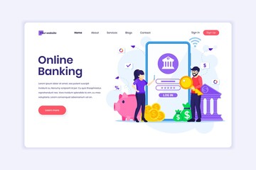 Landing page design concept of Mobile banking with people characters using a smartphone for internet mobile payments and transfers. vector illustration