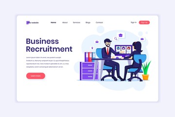 Landing page design concept of Business recruitment concept, a woman sitting at the desk with a business suit in a job interview. vector illustration