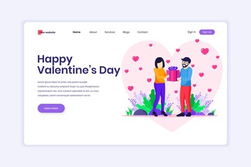 Landing page design concept of Valentine's Day Celebration, A man is expressing love by giving a heart symbol to a woman. Man and Woman in Relations. vector illustration