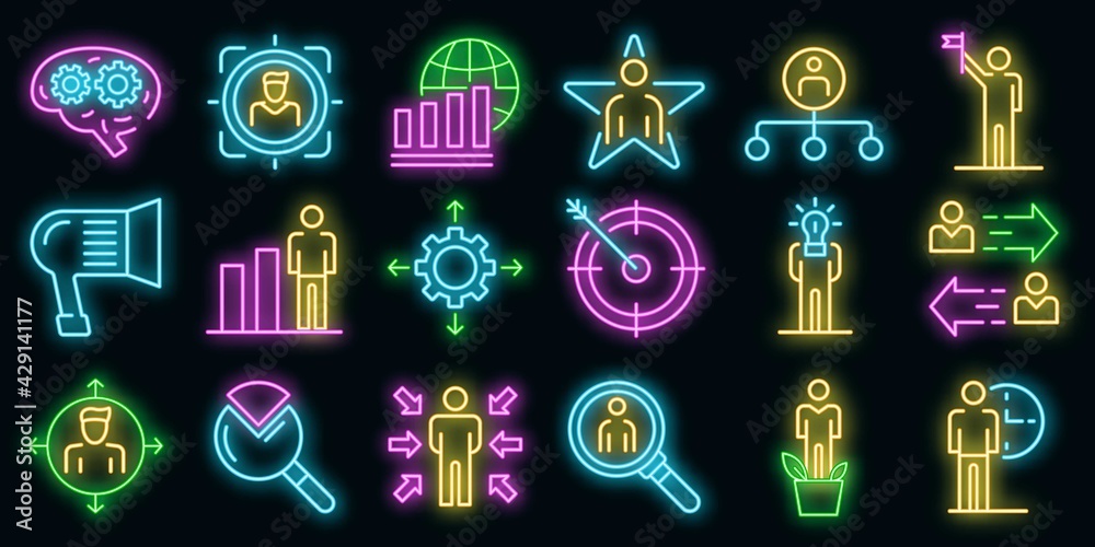 Poster managing skills icons set. outline set of managing skills vector icons neon color on white