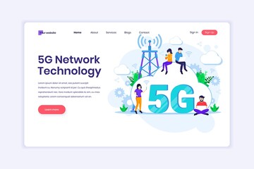 Landing page design concept of 5th Network Technology. People using High-speed wireless connection 5G. vector illustration