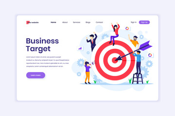 Landing page design concept of Business Target, People put darts on the dartboard. target with an arrow hit the target. vector illustration