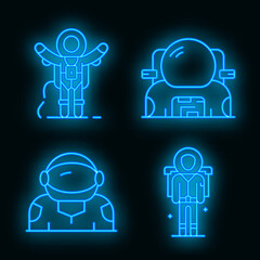 Astronaut icons set. Outline set of astronaut vector icons neon color on white