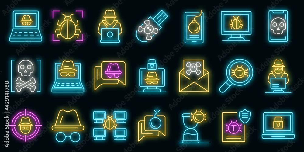Poster hacker icons set. outline set of hacker vector icons neon color on black