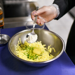 potato pancakes fried grater hands dough flour egg flatbread fries kitchen cook chef cafe restaurant