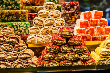 Turkish delight and different sweets for sale at the bazaar in Turkey