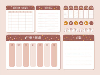 Cute monthly planner in boho style. Daily, weekly template. To do list. Business organizer page with stickers. Kids schedule. Flat cartoon vector illustration.
