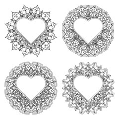 Set of Mehndi flower for henna, mehndi, tattoo, decoration. decorative ornament in ethnic oriental style. doodle ornament. outline hand draw illustration. coloring book page.