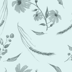 Fototapeta na wymiar Vintage seamless watercolor pattern of plants. Herbs, flowers, chamomile,calendula flowers watercolor.A branch with a berry, lingonberry, a spikelet of wheat, cereal. drawing floral background. 
