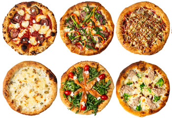 Isolated many different italian pizza menu design collage