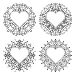 Set of Mehndi flower for henna, mehndi, tattoo, decoration. decorative ornament in ethnic oriental style. doodle ornament. outline hand draw illustration. coloring book page.