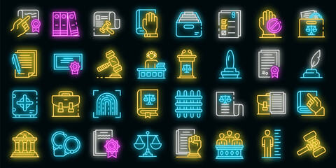 Legislation icons set. Outline set of legislation vector icons neon color on black