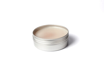 Metal jar of cream isolated on white background. Aluminum pot for natural cosmetic product. Skin care. Container for cream open