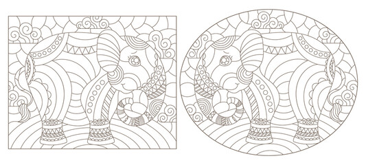 Set of outline illustrations in the style of stained glass with abstract elephants , dark outlines on white background