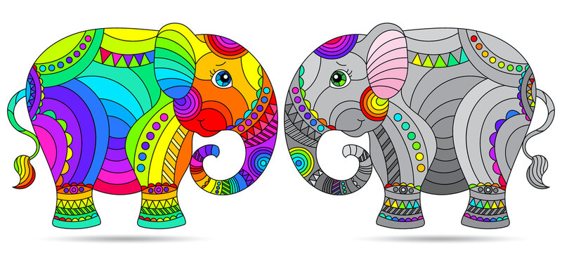 Set of stained glass elements with rainbow elephants , isolated images on white background