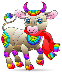 Illustrations in the stained glass style with abstract cartoon bull, animal isolated on a white background